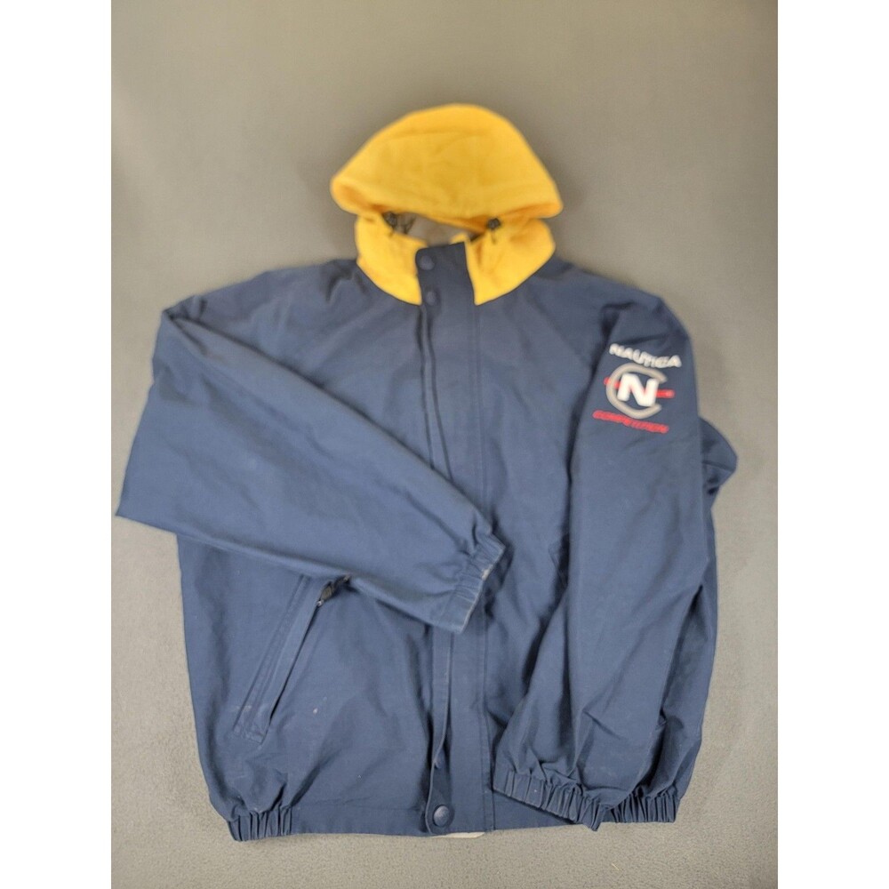 Vintage Nautica Competition Jacket Mens XL Blue Yellow Hooded Windbreaker 90s